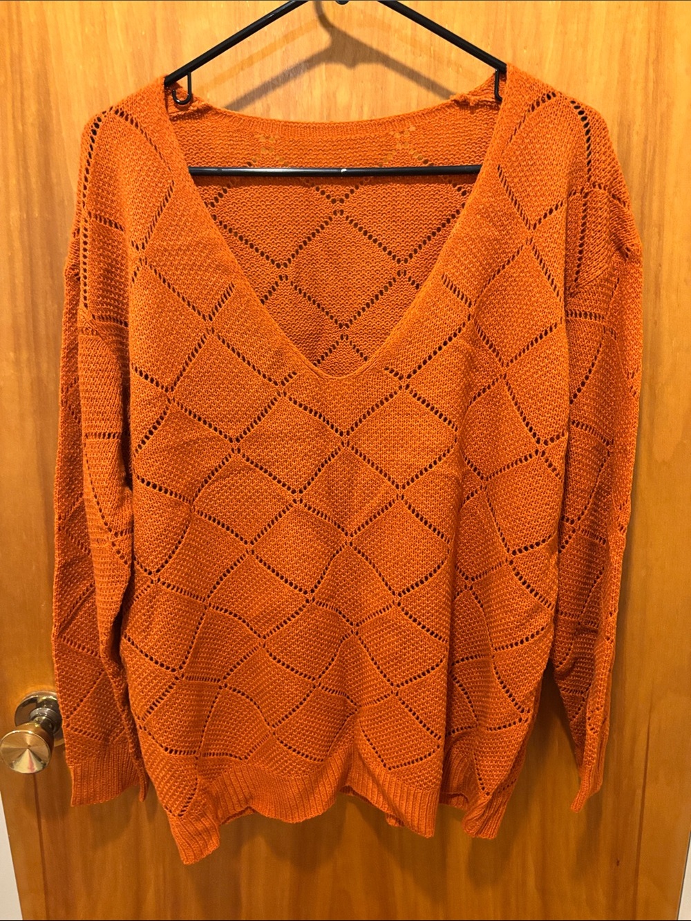 SHEIN Open-Knit V-Neck Sweater in Burnt Orange